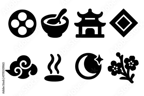 Dongzhi Festival Icons. Cultural Dongzhi Elements silhouette icons set: round tangyuan, bowl with spoon, temple roof, red paper decoration, cloud swirl, tea steam, moonlight.