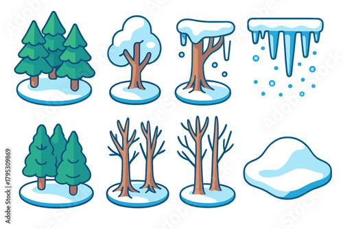 Snowy Woodland Icons. Snowy Woodland flat icons: evergreen trees, snowladen trunks, icicles hanging, gentle snowfall, forest clearing, frozen roots, bare trees, snow blanket.