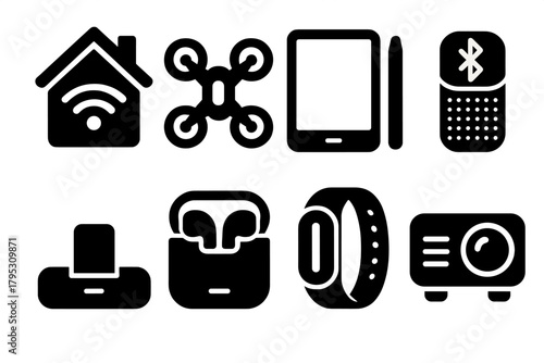 Bold Gadget Icons. Gadget Gift Ideas silhouette icons set: smart home device, pocket drone, tablet stylus, Bluetooth speaker, charging dock, wireless earbuds, fitness band, mini.