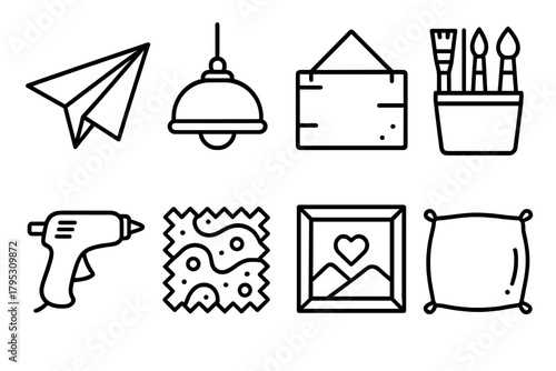 Crafting Essentials Icons. DIY Home Decor linear icons: paper craft, hanging light, wooden sign, paintbrush set, glue gun, patterned fabric, frame decor, cozy cushion.