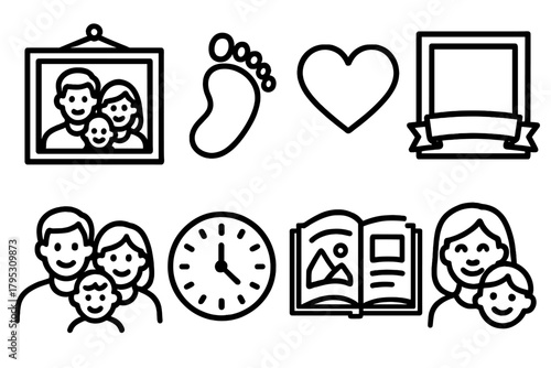 Family Scrapbook Icons. Family Highlights linear icons: portrait photo, baby footprint, heart, frame, ribbon, smiling faces, clock, scrapbook.