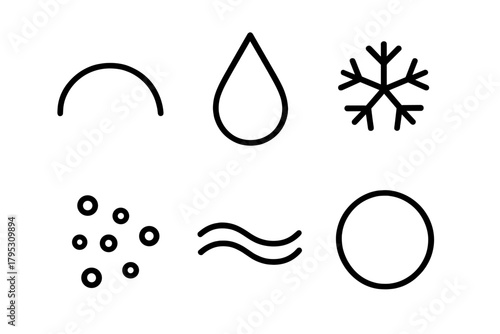 Minimal Winter Icons. Minimal Winter Shapes linear icons: curved snow arc, frozen droplet, abstract flake, cold wave, dotted frost, misty circle.