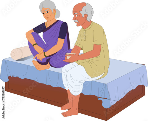 indian old grandmother and grandfather talking on bed wearing saree and kurta lungi
