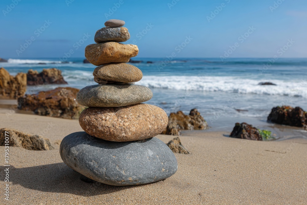 Fototapeta premium Zen balanced stone cairn artfully stacked on a sandy beach with ocean waves in the background