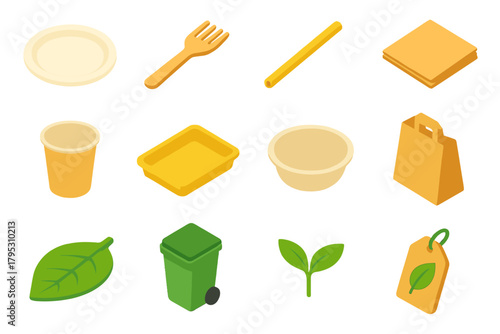 EcoFriendly Tableware Icons. Compostable Tableware flat icons: paper plate, wooden fork, bamboo straw, napkin, cardboard cup, food tray, plant fiber bowl, paper bag, leaf plate.