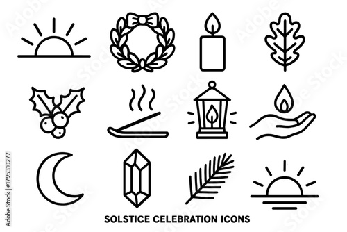 Solstice Celebration Icons. Solstice Celebration Icons linear icons: rising sun, evergreen wreath, candle flame, oak leaf, holly berries, incense, glowing lantern, hand with flame.