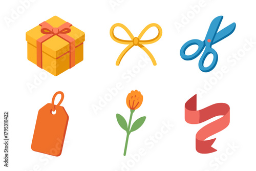 Handcrafted Gift Icons. Handcrafted Gifts flat icons: handmade box, twine bow, scissors, tag, dried flower, ribbon.
