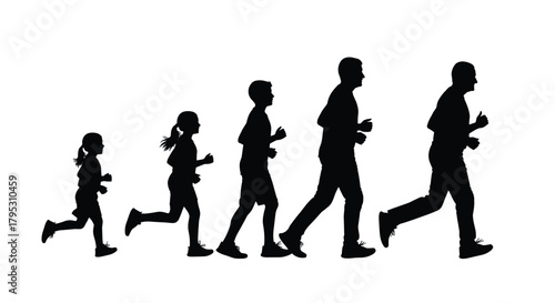 Dynamic silhouettes showcase the progression of life through generations running together in a vibrant active lifestyle, Generative AI