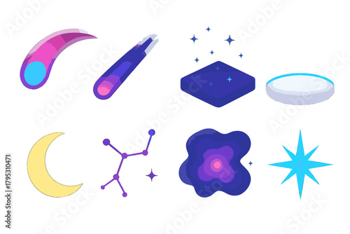 Cosmic Icon Set. Night Sky Comets flat icons: comet arc, meteor trail, starlit sky, glowing horizon, crescent moon, constellation, nebula glow, icy sparkle.