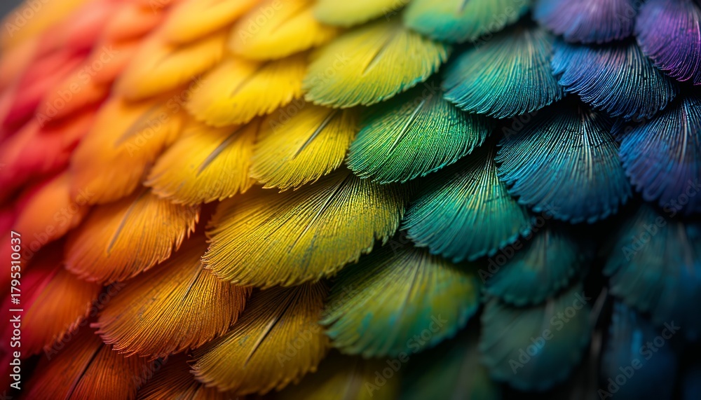 Obraz premium Close up detailed view of vibrant multicolored bird feathers showcasing natural texture and color