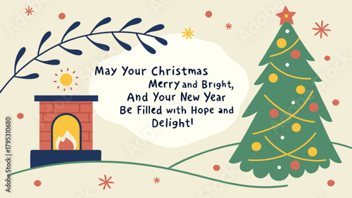 Christmas greeting card with christmas tree fireplace and festive decorations for holiday season cheer