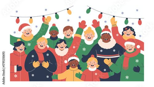 Holiday Cheer: A diverse group of children joyfully celebrate the holiday season, wearing warm winter clothing and illuminated by festive string lights, amidst a gentle snowfall.