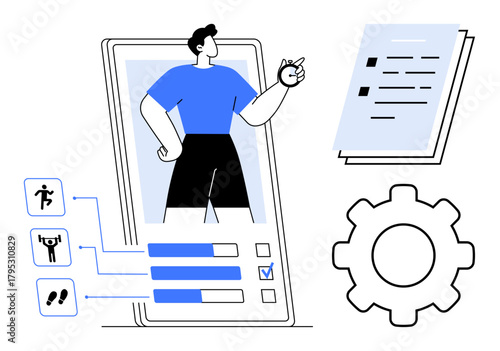 Mobile app interface showcasing user fitness profile, progress metrics, task checklist, and activity icons. Ideal for health tracking, goal setting, personal growth, technology, organization