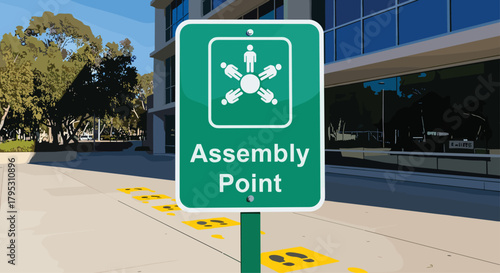 Clear assembly point sign with directional footprints guiding people to safety during emergencies or evacuations, Generative AI