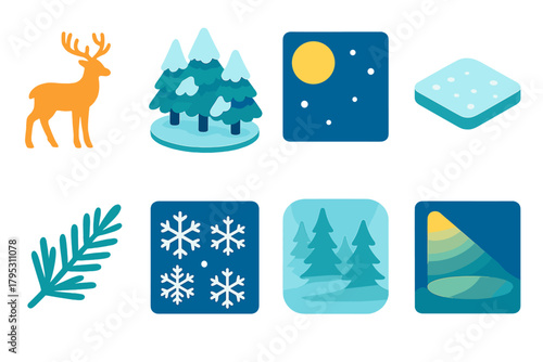 Isometric Forest Icons. Forest Deer Scene flat icons: deer silhouette, snowcovered trees, moonlit sky, frosted ground, pine branches, falling snowflakes, misty woods, calm light.