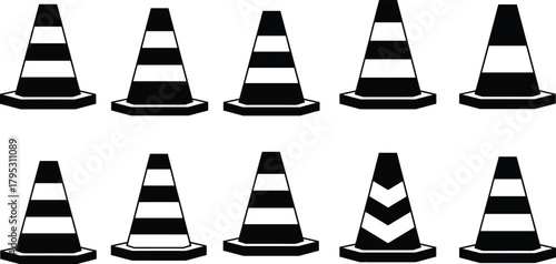 Black and White Traffic Cone Set Vector Illustration