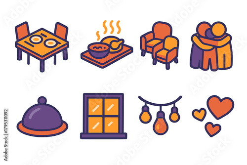 Cozy Dinner Scene Icons. Home Togetherness flat icons: table setting, steaming dishes, cozy chairs, group hug, serving platter, window glow, warm lights, joyful hearts.