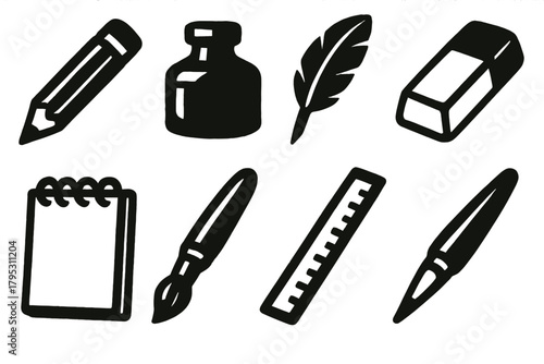 Traditional Art Tools. Traditional Art Set silhouette icons set: pencil, ink bottle, feather pen, eraser, sketchpad, brush, ruler, shading tool.