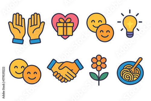 Goodwill Icon Set. Goodwill & Kindness flat icons: open palms, gift heart, smiling faces, handshake, blooming flower, shared meal, glowing star, warm light.