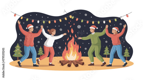 Festive Night Dance Around Bonfire: A group of friends joyfully dance and celebrate around a crackling bonfire beneath a starlit night.