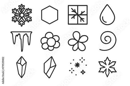 Winter Crystal Icons. Winter Crystal Forms linear icons: star snowflake, hexagonal ice, frosted window, melting droplet, icicle chain, snow cluster, frozen petal, frost spiral.