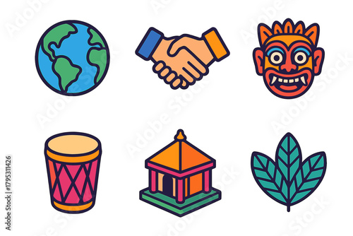 Cultural Symbols Icons. Cultural Symbols flat icons: globe, handshake, traditional mask, drum, temple, leaf pattern.