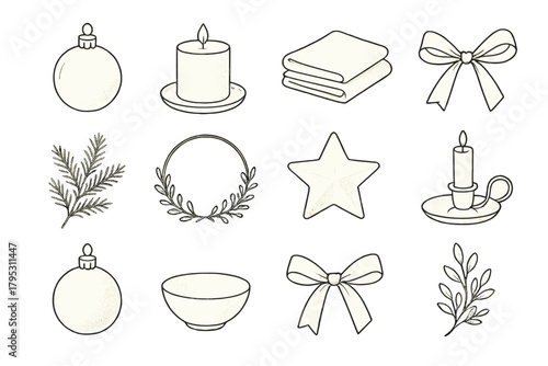 Minimalist Holiday Decor. Elegant Simplicity linear icons: glass ornament, candle holder, folded linen, silver ribbon, frosted greenery, minimal wreath, ceramic star, soft shadows.
