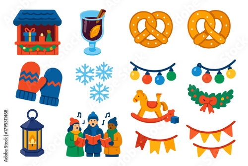 Festive Street Icons. Winter Street Celebration flat icons: Christmas market stall, mulled wine, pretzel, wool mittens, snowflakes, string lights, lantern, sleigh, singing carolers.