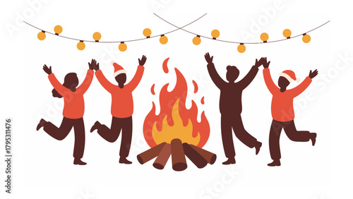 Fotografija Festive Gathering around Fire: A group of friends joyfully gather around a crackling bonfire, embracing the warmth of camaraderie and shared moments, adorned with festive cheer