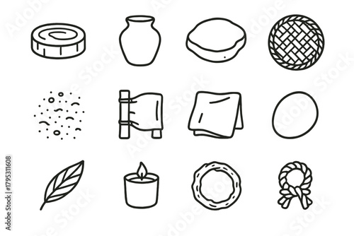Natural Material Icons. Natural Materials linear icons: wooden base, clay pot, stone plate, woven tray, sand texture, bamboo stand, linen cloth, pebble, leaf accent, wax cup.