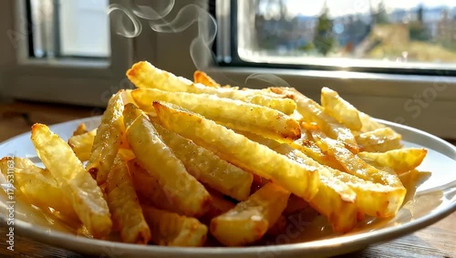 Delicious golden french fries on a plate near a window.