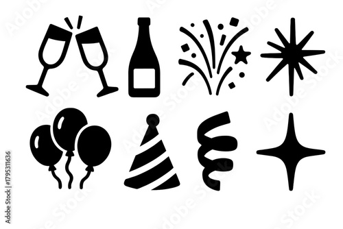 Bold Party Icons. Cheers Celebration Set silhouette icons set: clinking champagne glasses, champagne bottle, confetti burst, fireworks spark, balloon bunch, party hat, ribbon swirl.
