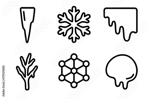 Natural Ice Icons. Natural Ice Structures linear icons: icicle tip, ice bloom, thin frost sheet, frozen twig, crystal lattice, smooth glaze.
