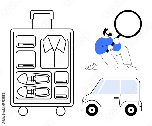 Packed suitcase with folded clothes and shoes, man examining with magnifying glass, small car nearby. Ideal for travel preparation, organization, planning, journey, vacation, exploration rental