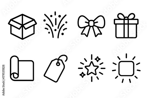 Surprise Gift Icons. Gift Surprises linear icons: open box, sparkling confetti, ribbon bow, hidden gift, wrapping paper, tag label, burst of stars, surprise glow.