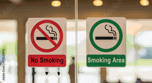 Clear signage designating no smoking zones and designated smoking areas inside a modern building entrance, Generative AI