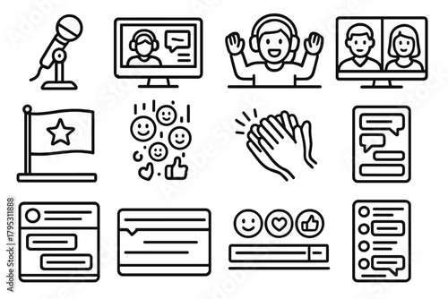 Live Streaming Excitement. Event Commentary linear icons: microphone setup, streaming monitor, excited host, live reactions, event banner, splitscreen guests, emoji rain, clapping.