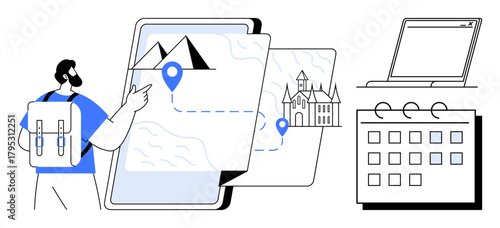 Traveler with backpack points at digital map highlighting path between landmarks. Open laptop and calendar symbolize itinerary planning, navigation, and scheduling. Ideal for travel, tourism