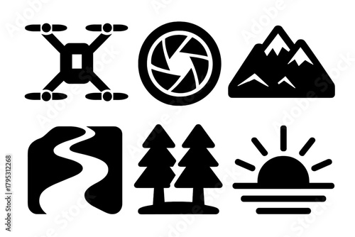 Brutalist Icon Set. Aerial Capture silhouette icons set: drone, camera lens, mountains, river, trees, sunrise.