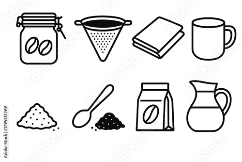 Zero Waste Coffee Icons. Zero Waste Coffee linear icons: refill jar, metal filter, cloth napkin, ceramic mug, coffee grounds, spoon, paper bag, water jug.