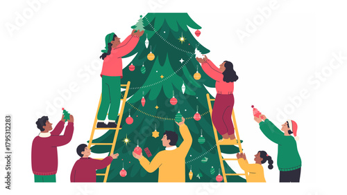 Festive Decorating: A group of people gather together, adorning a magnificent evergreen tree with shimmering ornaments and glowing lights, infusing it with holiday cheer and anticipation.