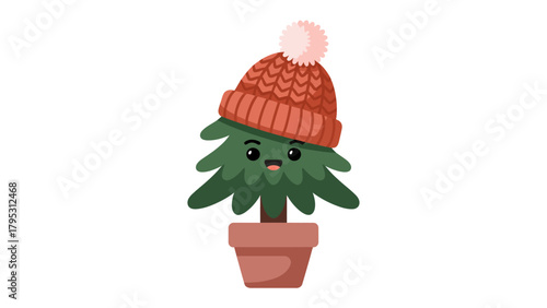 Cheerful Christmas Pine: A whimsical Christmas pine, adorned with a cozy hat, radiates warmth and charm, celebrating the festive season with a delightful touch.