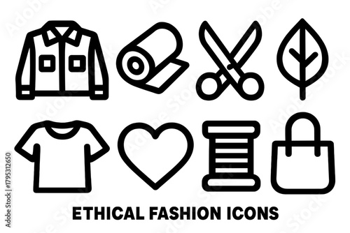Ethical Fashion Icons. Ethical Fashion silhouette icons set: jacket, fabric roll, scissors, leaf, shirt, heart icon, spool, tote.