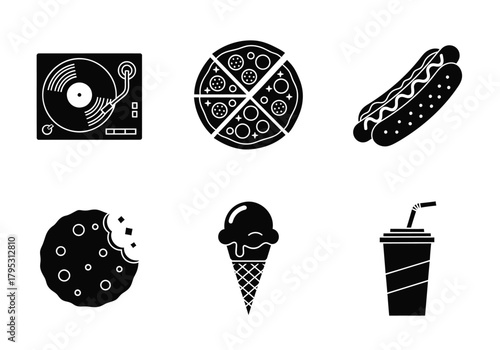 Collection of black food and music icons isolated on