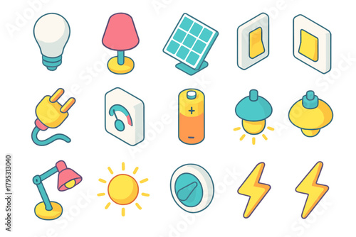 Energy Icon Set. EnergyEfficient Lighting Icons flat icons: LED bulb, lamp, solar panel, light switch, plug, energy meter, battery, ceiling light, desk lamp, sun, dimmer knob.