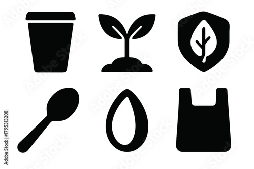 Compostable Icons Collection. Compostable Materials silhouette icons set: paper cup, plant sprout, biodegradable label, spoon, seed, bag.