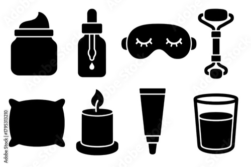 Brutalist Night Routine Icons. Night Routine silhouette icons set: night cream, facial oil, sleep mask, jade roller, pillow, candle, eye cream, water glass.