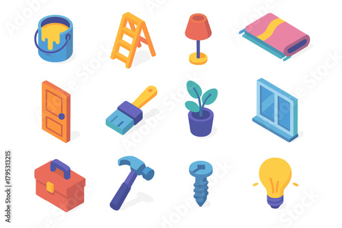 Modern Home Icon Set. Modern Home Makeover Icons flat icons: paint can, ladder, lamp, rug, door, brush, plant, window, toolbox, hammer, screw, light bulb.