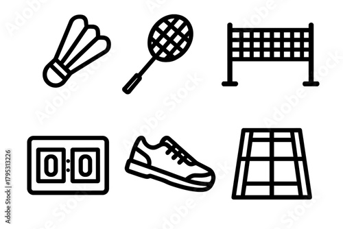 Badminton Icons Set. Court Match linear icons: shuttlecock, racket, net, scoreboard, shoes, court lines.