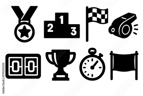 Brutalist Winter Icons. Winter Competition silhouette icons set: medal, podium, flag, whistle, scoreboard, trophy, stopwatch, banner.